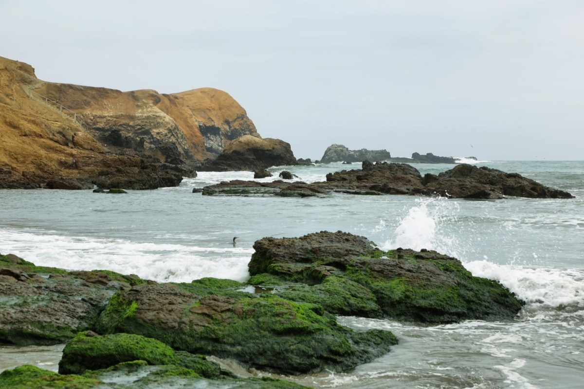 a rocky shore next to a body of water
